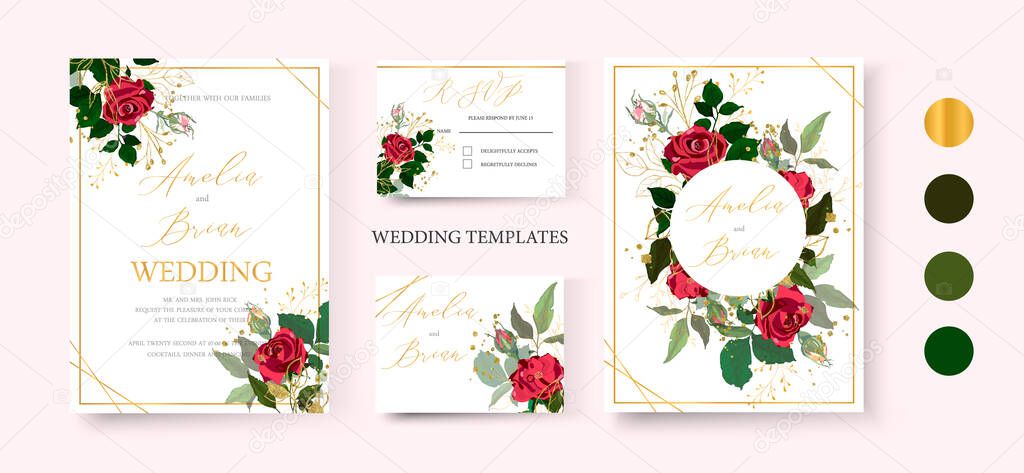 Wedding floral golden invite card save the date design with red flower roses and green leaves wreath and frame. Botanical elegant decorative vector template in watercolor style