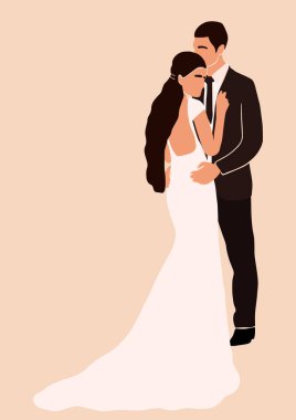 Soyut düğün çifti damat ve gelin kartı izole. Çizgi filmlerdeki gibi en az moda olan insanlar. Moda poster duvar dekoru vektör çizimi