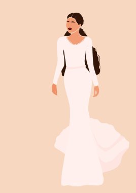 Aydınlık arkaplanda izole edilmiş gelinlik kartıyla gelin. Çizgi filmlerdeki gibi en az moda olan kadın. Moda poster duvar dekoru vektör çizimi