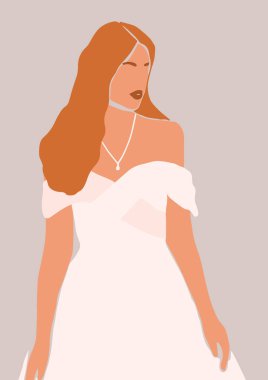 Gelinin parlak arkaplanda izole edilmiş gelinlik kartıyla olan soyut portresi. Çizgi filmlerdeki gibi en az moda olan kadın. Moda poster duvar dekoru vektör çizimi
