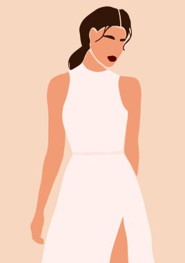 Gelinin parlak arkaplanda izole edilmiş gelinlik kartıyla olan soyut portresi. Çizgi filmlerdeki gibi en az moda olan kadın. Moda poster duvar dekoru vektör çizimi