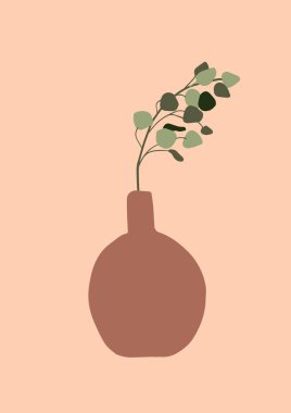 Okaliptüs arkaplanda kart bırakan soyut modern vazo. Moda, kağıttaki en az moda sanat eseri mozaik düz stil, en az poster baskısı. Vektör el çizimi resimleme