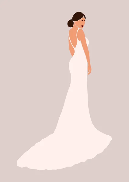 光の背景に隔離されたウェディングドレスカードの抽象的な花嫁 漫画のフラットスタイルでファッション最小限のトレンディーな女性 トレンディーなポスター壁のプリント装飾ベクトルイラスト — ストックベクタ
