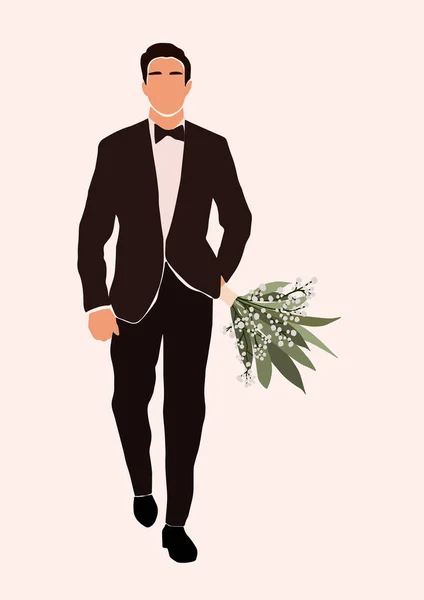 Novio Abstracto Traje Novia Con Ramo Boda Tarjeta Mano Aislado — Vector de stock