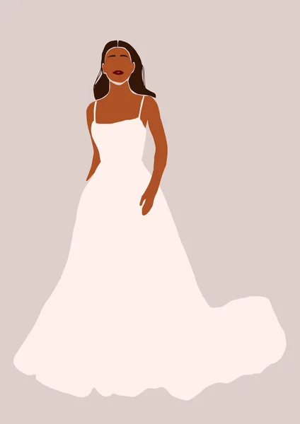 光の背景に隔離されたウェディングドレスカードの抽象的な花嫁 ファッションは 漫画のフラットスタイルで最小限のトレンディーなアフリカ系アメリカ人黒人女性 トレンディーなポスター壁のプリント装飾ベクトルイラスト — ストックベクタ