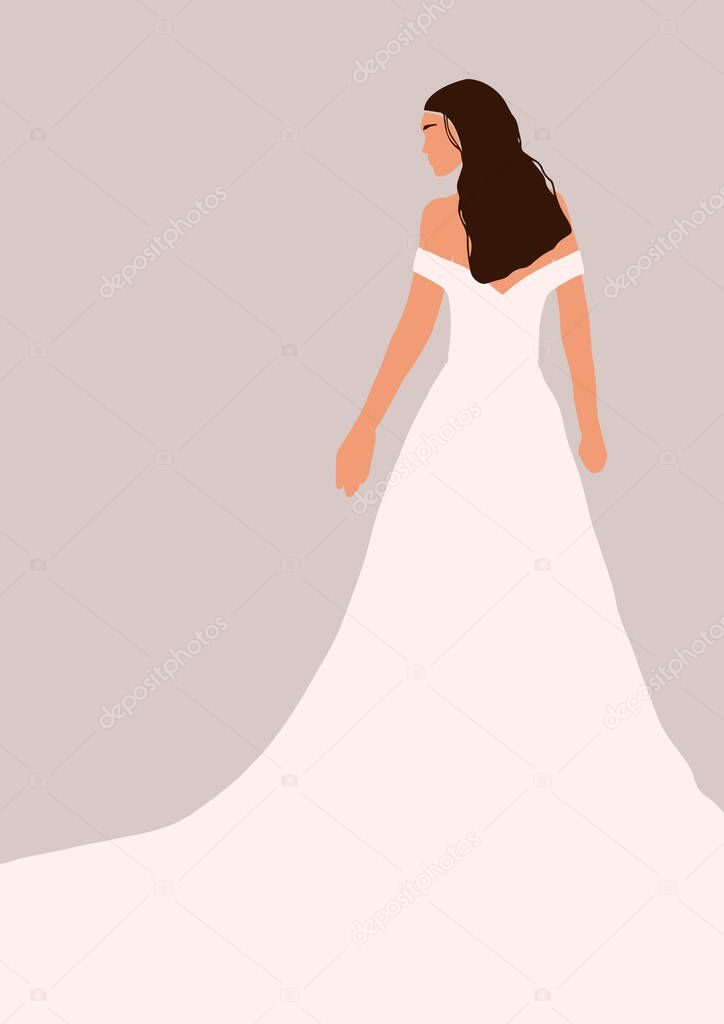 Abstract bride in wedding dress card isolated on light background. Fashion minimal trendy woman in cartoon flat style. Trendy poster wall print decor vector illustration