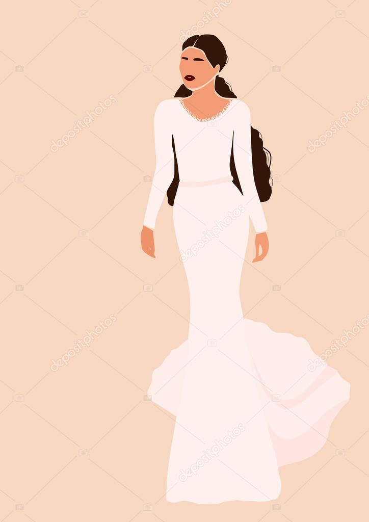 Abstract bride in wedding dress card isolated on light background. Fashion minimal trendy woman in cartoon flat style. Trendy poster wall print decor vector illustration