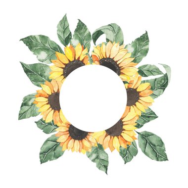 Yeşil yapraklı ayçiçeği buketli suluboya yaz çerçevesi. Çiçekli bahar sonbahar geometrik çerçeve çiçekli boho illüstrasyon düğün davetiyesi tarih kartını kaydet