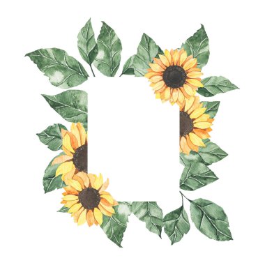 Yeşil yapraklı ayçiçeği buketli suluboya yaz çerçevesi. Çiçekli bahar sonbahar geometrik çerçeve çiçekli boho illüstrasyon düğün davetiyesi tarih kartını kaydet