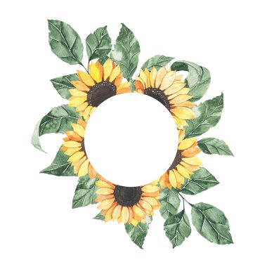 Yeşil yapraklı ayçiçeği buketli suluboya yaz çerçevesi. Çiçekli bahar sonbahar geometrik çerçeve çiçekli boho illüstrasyon düğün davetiyesi tarih kartını kaydet