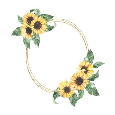 Yeşil yapraklı, ayçiçeği desenli suluboya yaz çerçevesi. Çiçekli bahar sonbahar geometrik çerçeve çiçekli boho illüstrasyon düğün davetiyesi tarih kartını kaydet