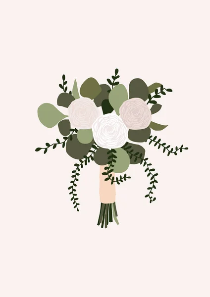 Wedding Bouquet Flowers Rose Eucalyptus Green Leaves Isolated Light Background — Stock Vector