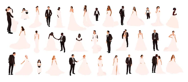 Collectie Van Abstracte Bruidsparen Bruidegoms Bruiden Verschillende Pose Geïsoleerd Multiraciale — Stockvector