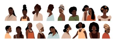 Beyaz arka planda soyut Afro-Amerikan kadın portreleri var. Koyu tenli, modern, genç bayan modaya çok az önem veren insanlar düz stil ile karşılaşıyor. Vektör el çizimi resimleme