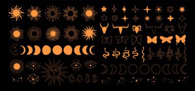 Set of alchemy esoteric mystical magic celestial icons, sun, moon phases, stars, sacred geometry isolated. Spiritual animals butterfly, snake, skull of bull occultism. Vector illustrations outline clipart