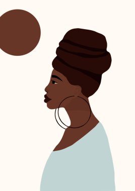 Modern Afro-Amerikan siyah kadın portresi. Moda, esmer tenli, modaya uygun bir kadın yüzü. Moda minimal poster baskısı. Vektör el çizimi resimleme
