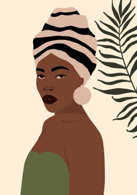 Modern Afro-Amerikan siyah kadın portresi. Moda, esmer tenli, modaya uygun bir kadın yüzü. Moda minimal poster baskısı. Vektör el çizimi resimleme