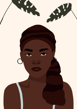 Modern Afro-Amerikan siyah kadın portresi. Moda, esmer tenli, modaya uygun bir kadın yüzü. Moda minimal poster baskısı. Vektör el çizimi resimleme
