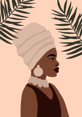 Modern Afro-Amerikan siyah kadın portresi. Moda, esmer tenli, modaya uygun bir kadın yüzü. Moda minimal poster baskısı. Vektör el çizimi resimleme