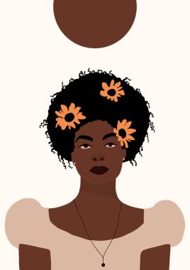 Modern Afro-Amerikan siyah kadın portresi. Moda, esmer tenli, modaya uygun bir kadın yüzü. Moda minimal poster baskısı. Vektör el çizimi resimleme