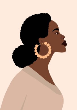 Modern Afro-Amerikan siyah kadın portresi. Moda, esmer tenli, modaya uygun bir kadın yüzü. Moda minimal poster baskısı. Vektör el çizimi resimleme