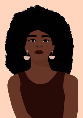 Modern Afro-Amerikan siyah kadın portresi. Moda, esmer tenli, modaya uygun bir kadın yüzü. Moda minimal poster baskısı. Vektör el çizimi resimleme
