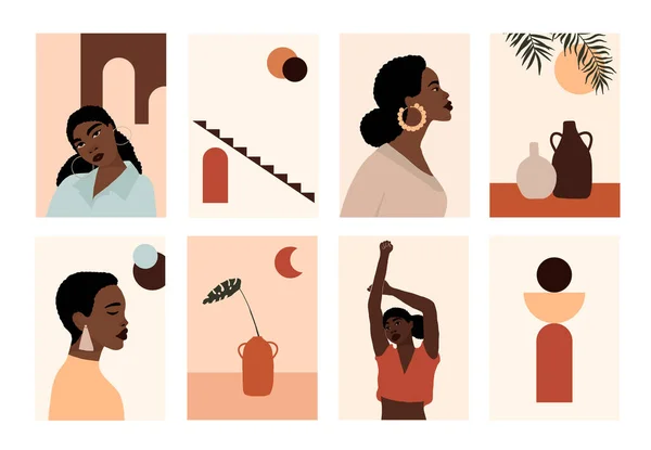 Ensemble Femme Abstraite Afro Américaine Moderne Fait Face Des Portraits — Image vectorielle
