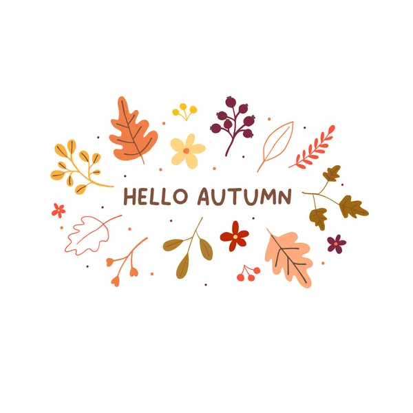 Hello Autumn Mood Greeting Card Yellow Orange Leaves Welcome Fall — Stock Vector