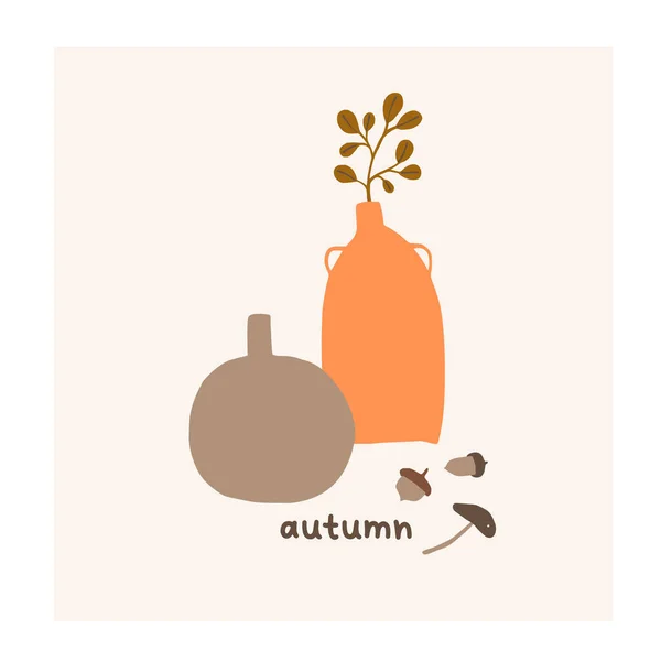 Autumn Mood Greeting Card Vases Leaf Mushroom Acorns Poster Template — Stock Vector