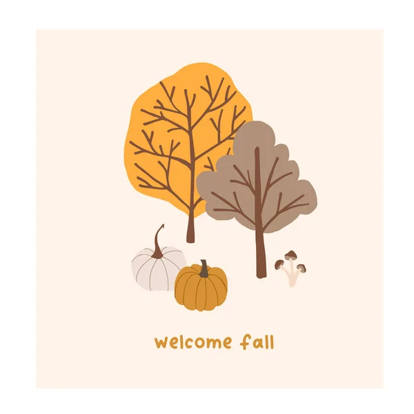 かわいい木 カボチャのポスターテンプレートと秋のムードグリーティングカード ようこそ秋の感謝祭招待状 最小限のはがきの性質 平面漫画風のベクトルイラスト — ストックベクタ