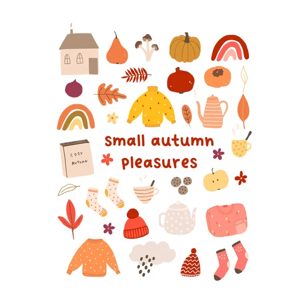 Autumn Mood Greeting Card Small Autumn Pleasures House Sweater Pumpkin — Stock Vector