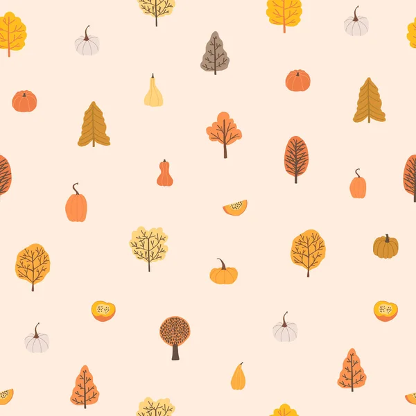 Autumn Mood Seamless Pattern Tiny Trees Pumpkins Welcome Fall Season — Stock Vector