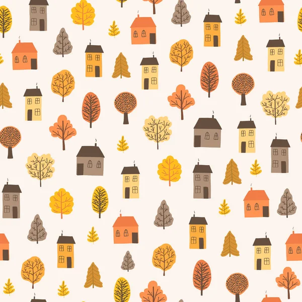 Humor Outono Sem Costura Padrão Com Árvores Minúsculas Casas Bonitos — Vetor de Stock