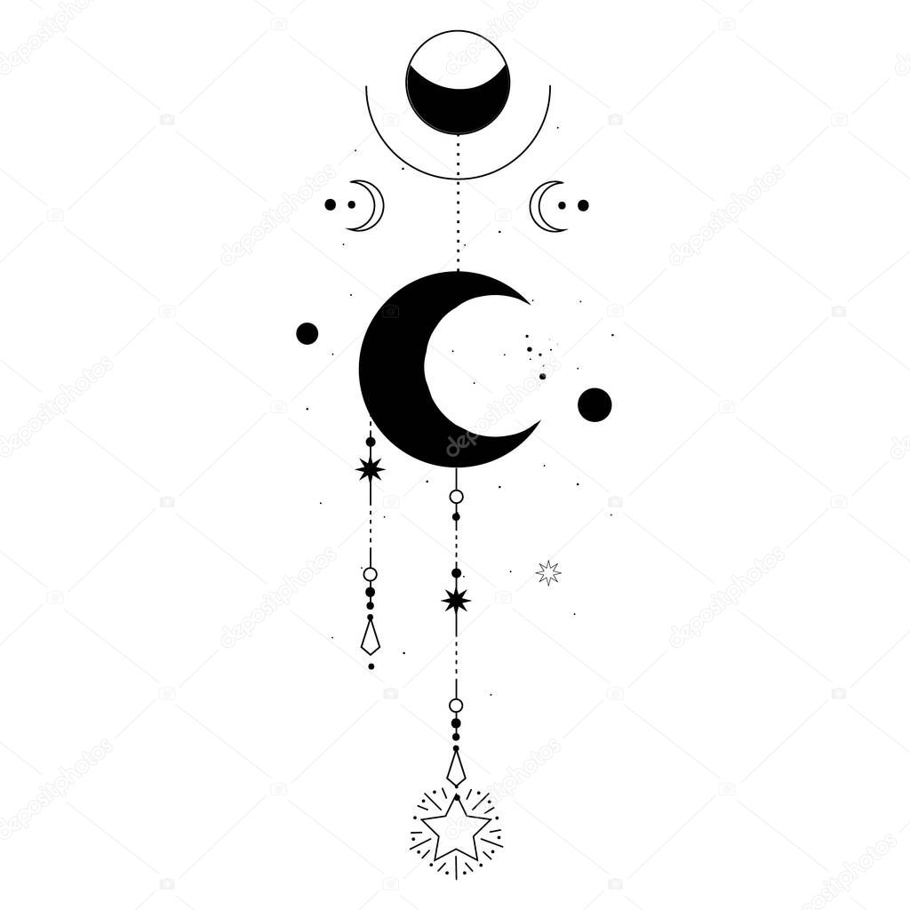 Alchemy esoteric mystical magic celestial talisman with moon, stars sacred geometry isolated. Spiritual occultism object. Vector illustrations in black outline style