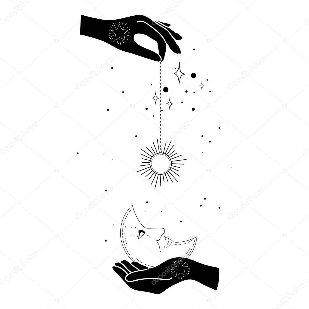 Alchemy esoteric mystical magic celestial talisman with woman hands, sun, moon, stars sacred geometry isolated. Spiritual occultism object. Vector illustrations in black outline style