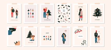 Yeni yıl kış tatilinde aile çocuklarıyla dolu tebrik kartları, Noel süslemeleri. Vektör soyut noel insanları düz çizim tarzında modayı gösteriyor