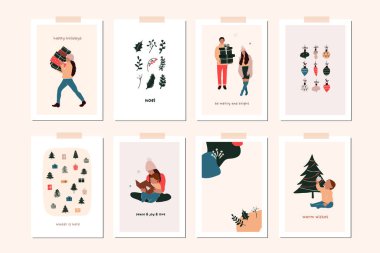 Yeni yıl kış tatilinde aile çocuklarıyla dolu tebrik kartları, Noel süslemeleri. Vektör soyut noel insanları düz çizim tarzında modayı gösteriyor