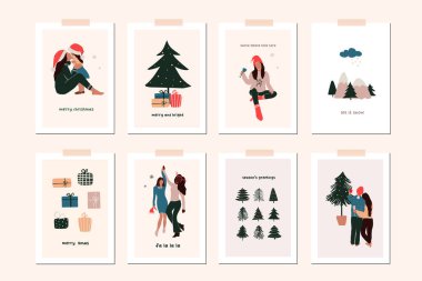 Yeni yıl kış tatilinde aile çocuklarıyla dolu tebrik kartları, Noel süslemeleri. Vektör soyut noel insanları düz çizim tarzında modayı gösteriyor