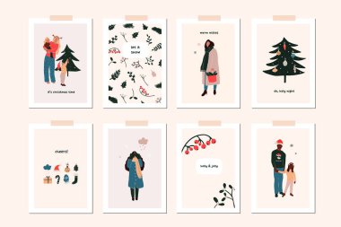 Yeni yıl kış tatilinde aile çocuklarıyla dolu tebrik kartları, Noel süslemeleri. Vektör soyut noel insanları düz çizim tarzında modayı gösteriyor