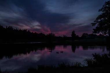 Göl ve orman üzerinde güzel pembe günbatımı! Arka plan.