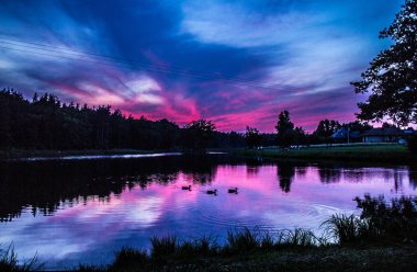 Göl ve orman üzerinde güzel pembe günbatımı! Arka plan.