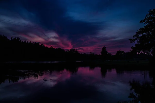 Wunderschöner Rosafarbener Sonnenuntergang Über See Und Wald Hintergrund — Stockfoto