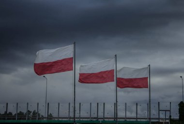 Üç Polonya bayrak gökyüzüne karşı geliştirmek. Arka plan.