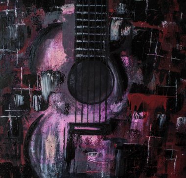 Soyut yağlıboya. Gitar. Kırmızı Gitar. Arka plan, doku.