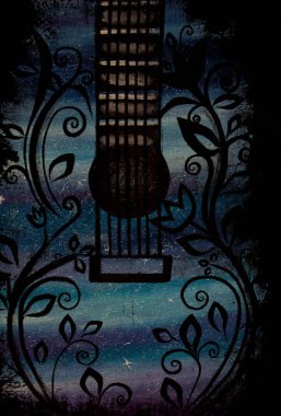 Yağlı boya gitar. Yıldızlı bir arka planda gitar. Arka plan. Doku.