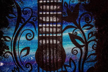 Yağlı boya gitar. Yıldızlı bir arka planda gitar. Arka plan. Doku.