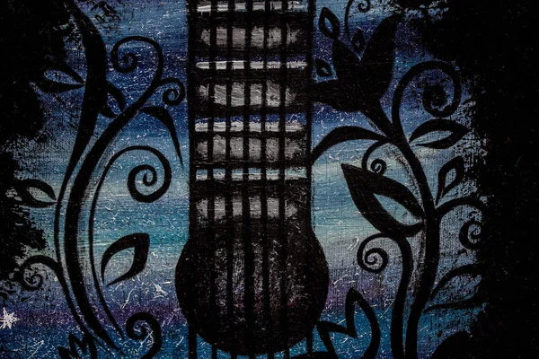 Oil painting guitar. Guitar on a starry background. Background. Texture.