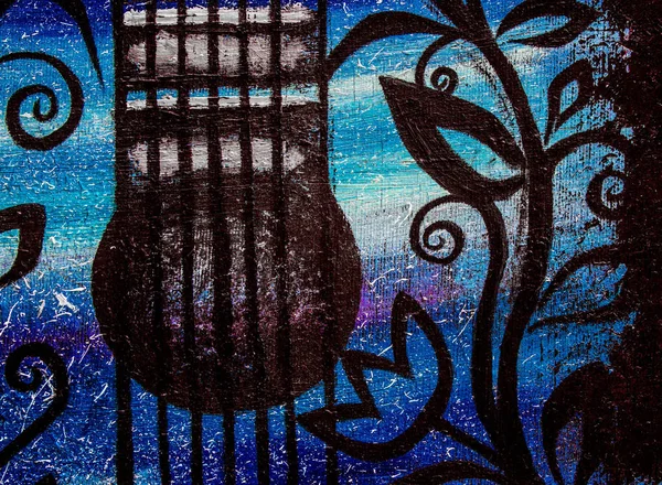 Oil painting guitar. Guitar on a starry background. Background. Texture.