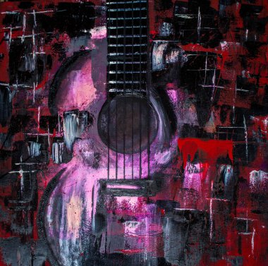 Yağlı boya gitar. Soyut gitar. Tuval üzerine güzel kırmızı gitar. Arka plan. Doku.