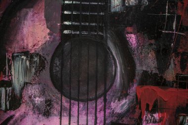 Yağlı boya gitar. Soyut gitar. Tuval üzerine güzel kırmızı gitar. Arka plan. Doku.